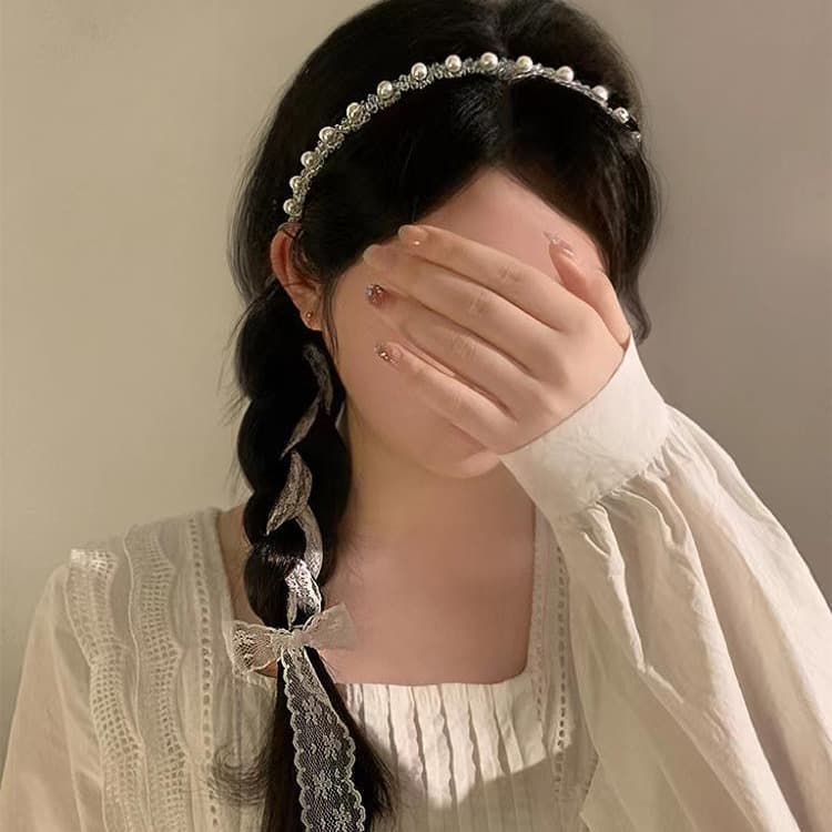 髪 飾り パール編み込みレース リボンヘッドドレス